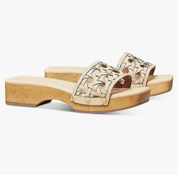 Tory Burch Basketweave Calfskin Cream Clog Sandals Wooden Shoes - Picture 1 of 16
